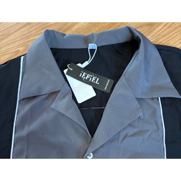 Iefiel Bowling Shirt Mens Short Sleeve Black Grey Size 2XL Lightweight - Picture 2 of 7